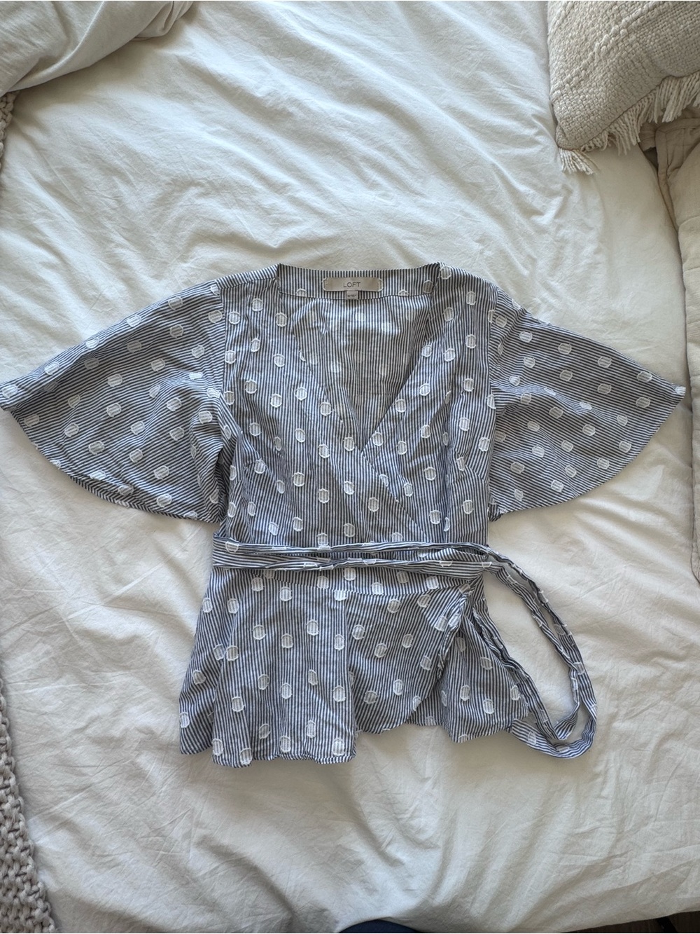 LOFT Navy and White Striped Wrap Blouse with Dot Print